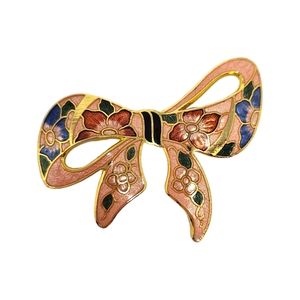 Enamel Bow Brooch Pin Gold Tone Floral Pink Peach Blue Green